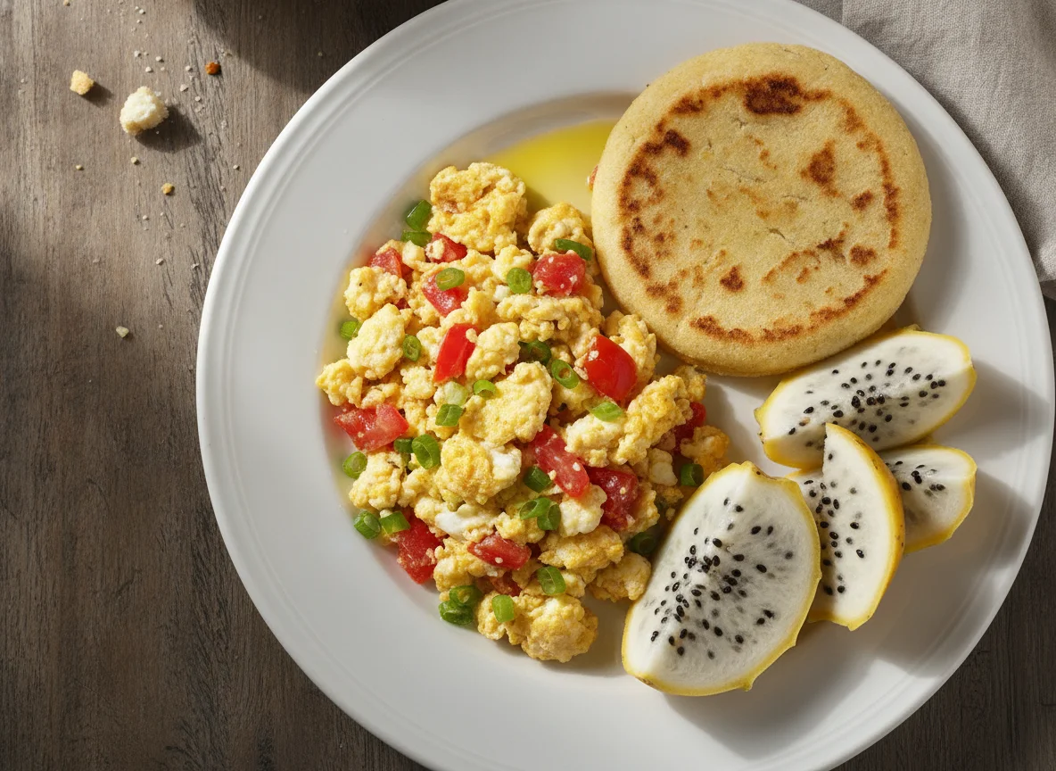 Huevos pericos con arepa y pitahaya photo