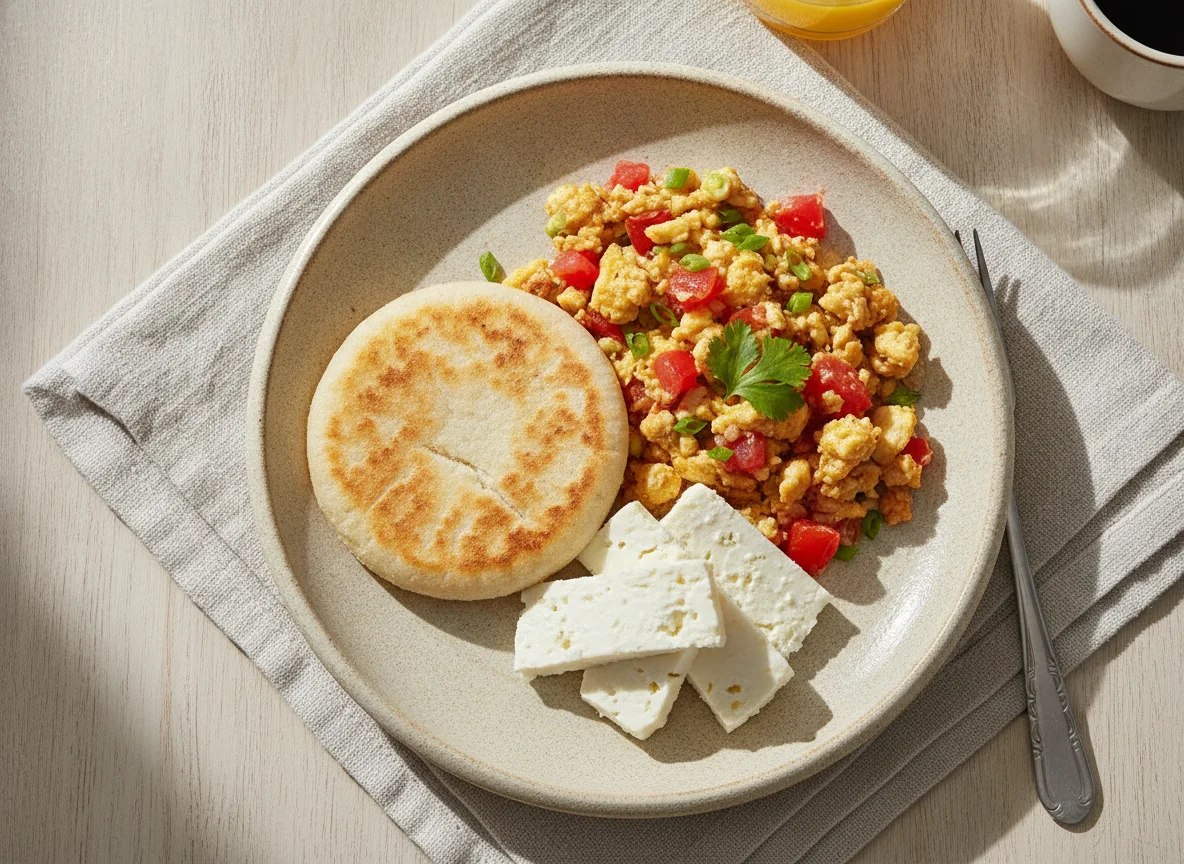 Huevos pericos con arepa y queso photo