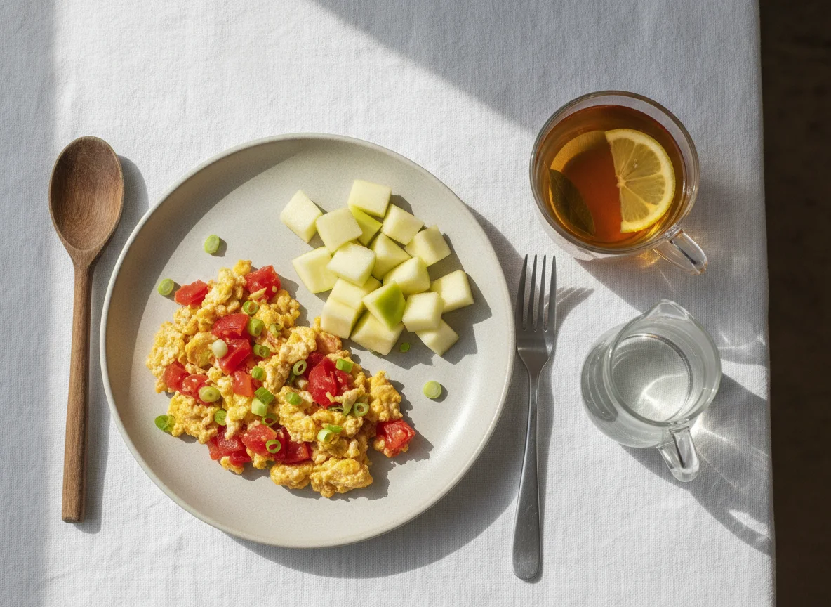 Huevos pericos con manzana verde y té photo