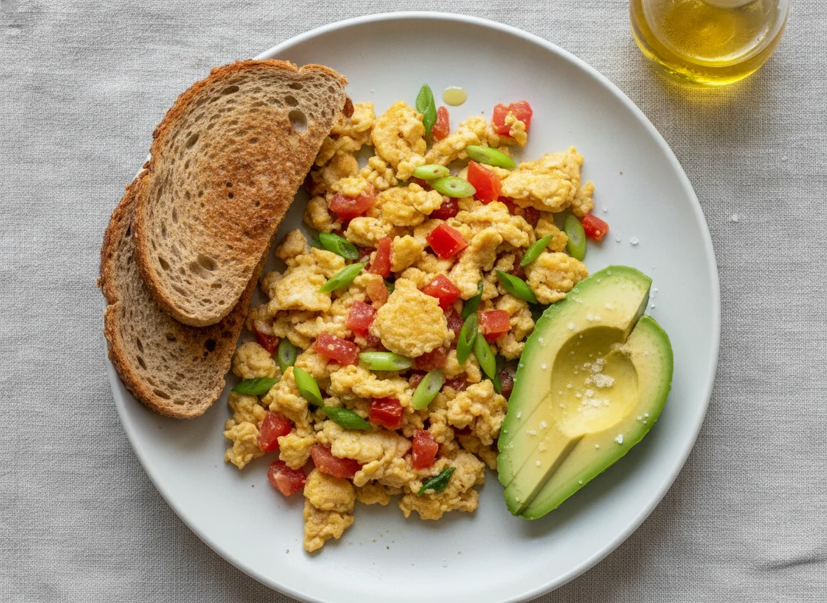 Huevos pericos con pan integral y aguacate photo