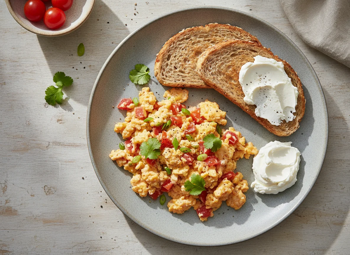 Huevos pericos con pan integral y queso crema photo