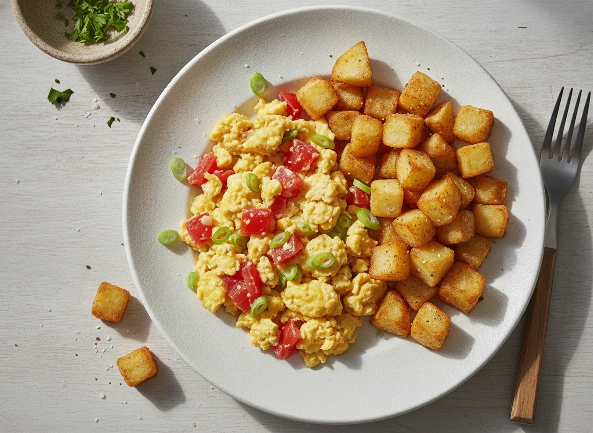 Huevos pericos con papas fritas photo