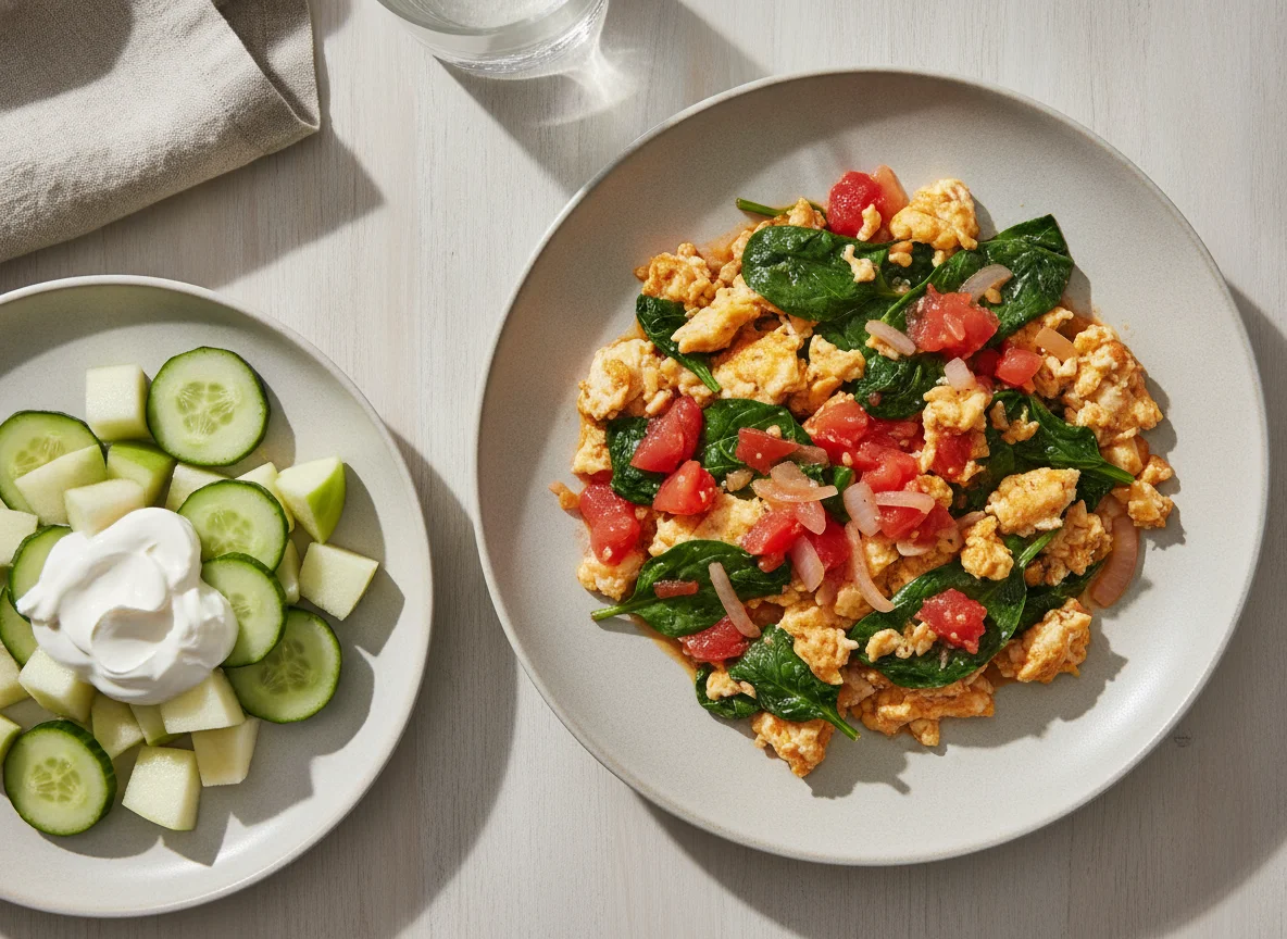 Huevos picados con espinaca y ensalada de frutas con crema photo