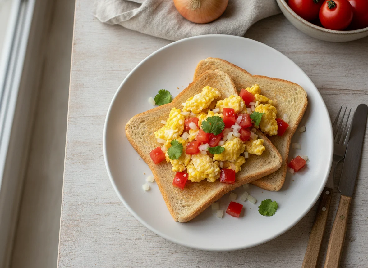 Huevos picados con pan tostado photo