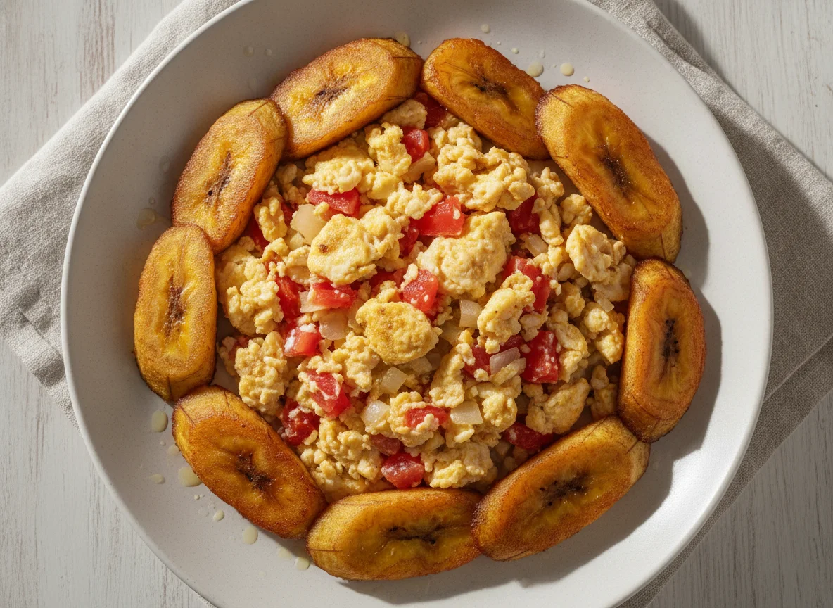 Huevos picados con plátano frito photo