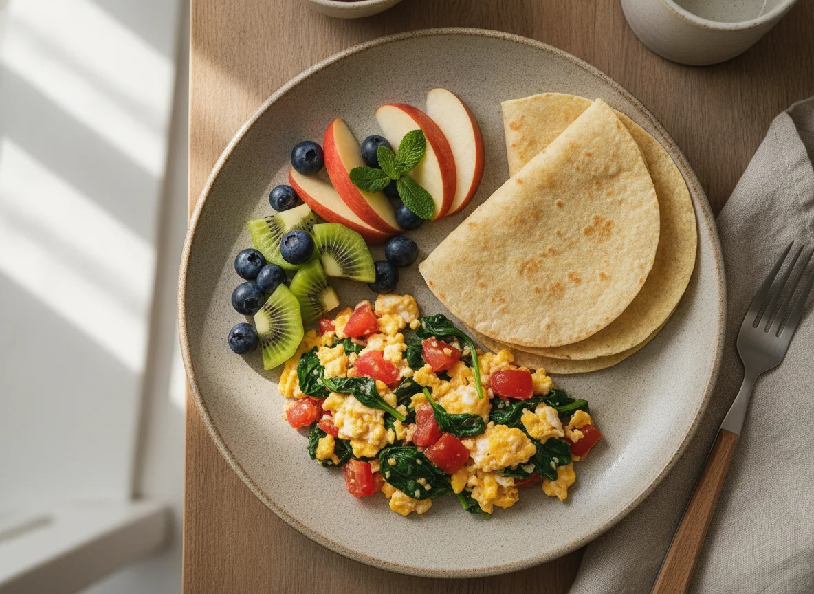 Huevos picados con tortilla y fruta photo