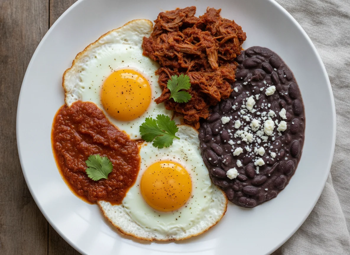 Huevos rancheros con carne deshebrada y frijoles photo
