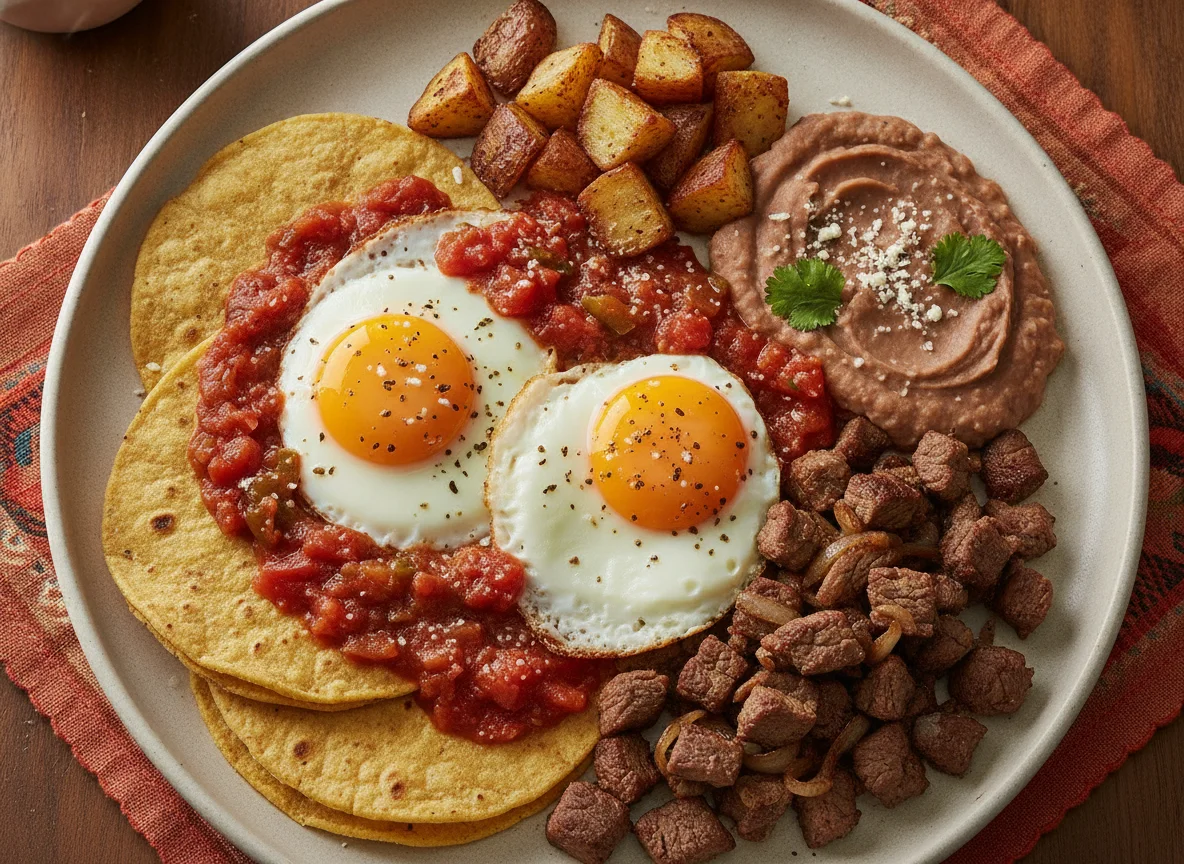 Huevos rancheros con carne y frijoles photo