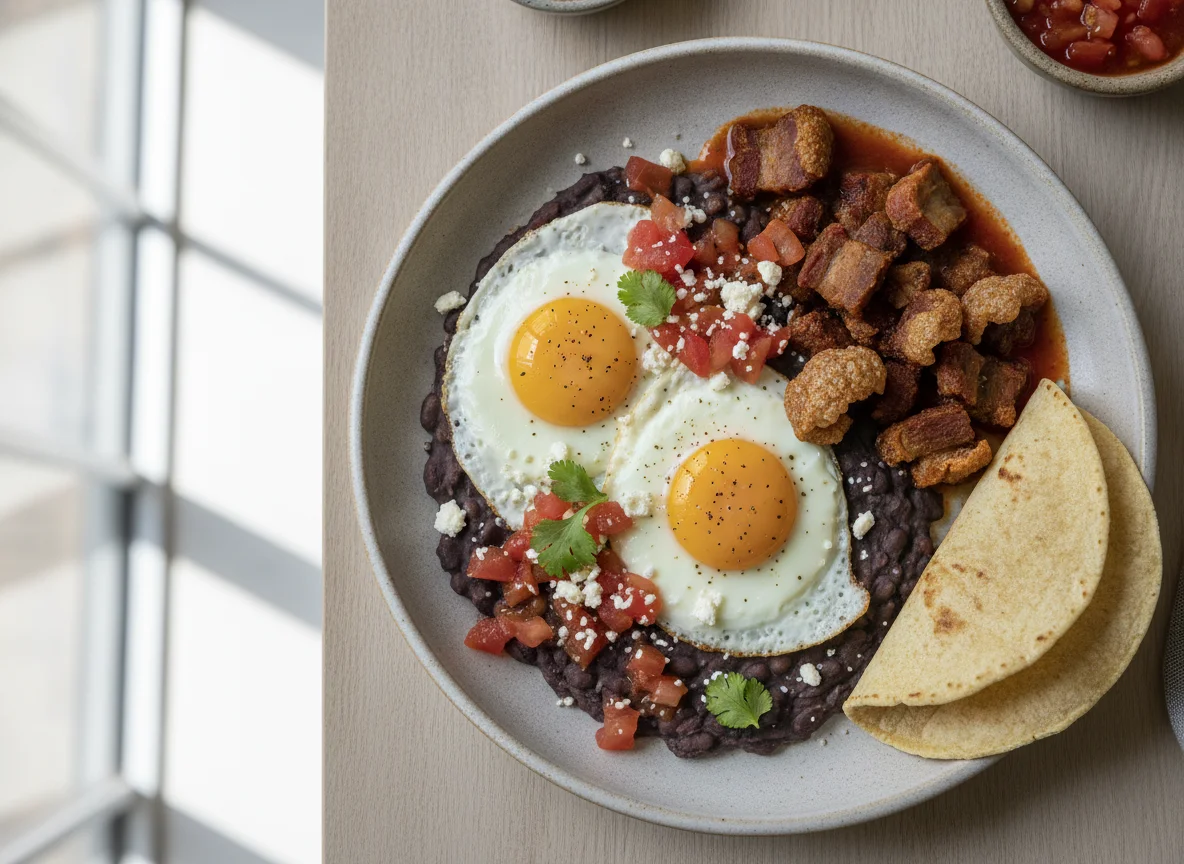 Huevos rancheros con chicharrón y frijoles photo