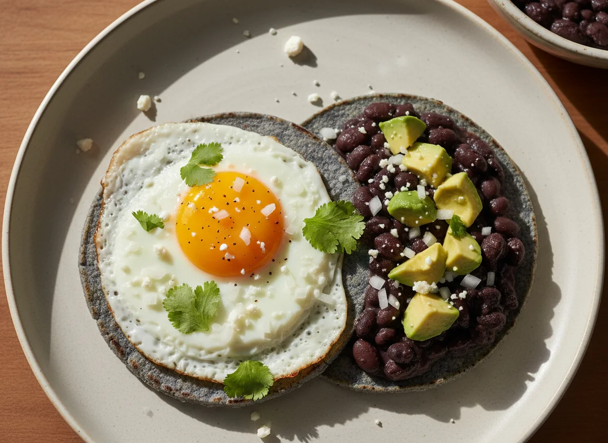 Huevos rancheros con frijoles y aguacate photo