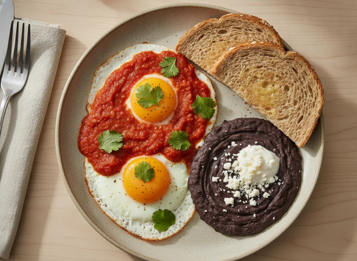 Huevos rancheros con frijoles y pan tostado photo