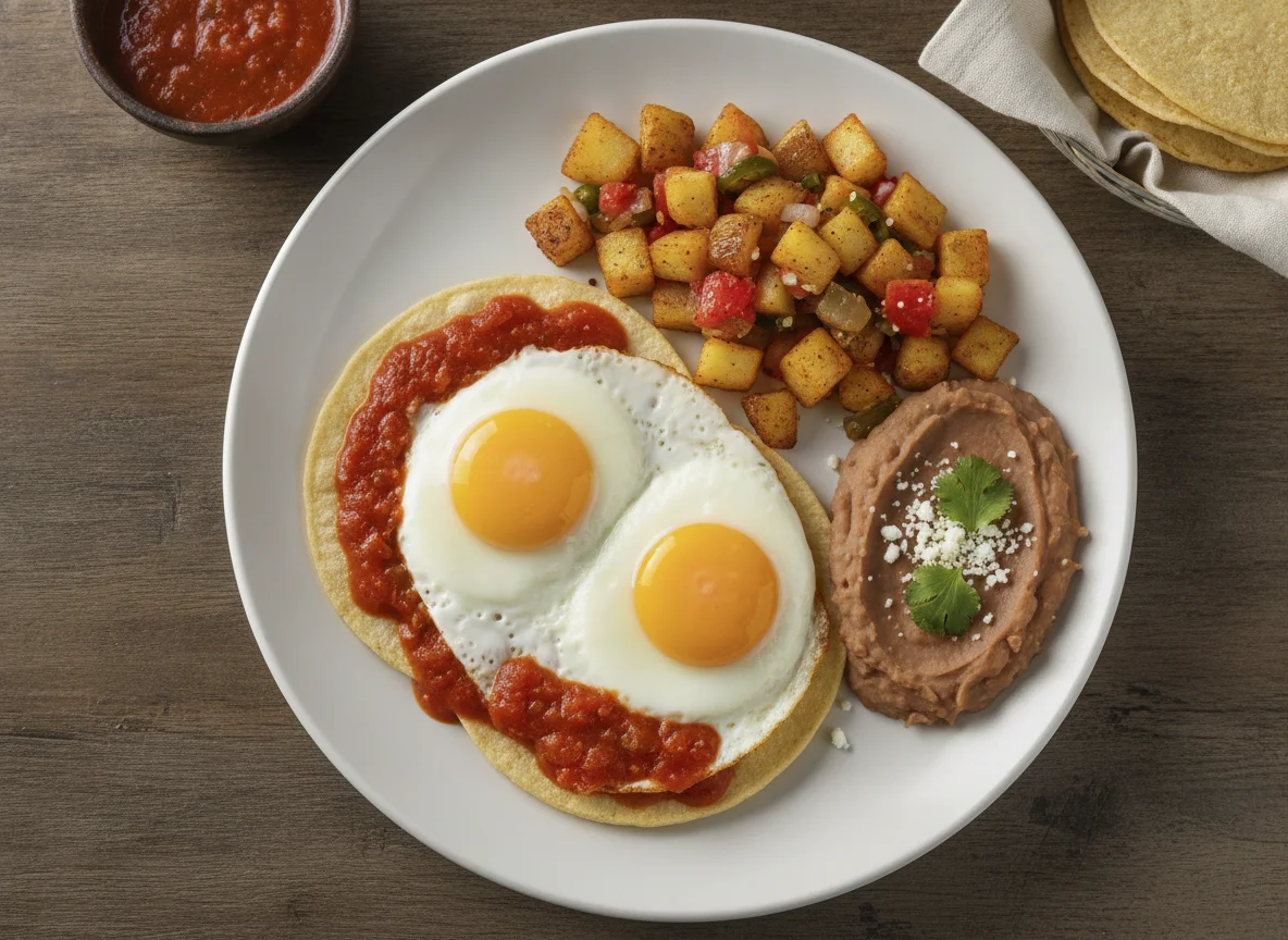 Huevos rancheros con papas a la mexicana y frijoles refritos photo