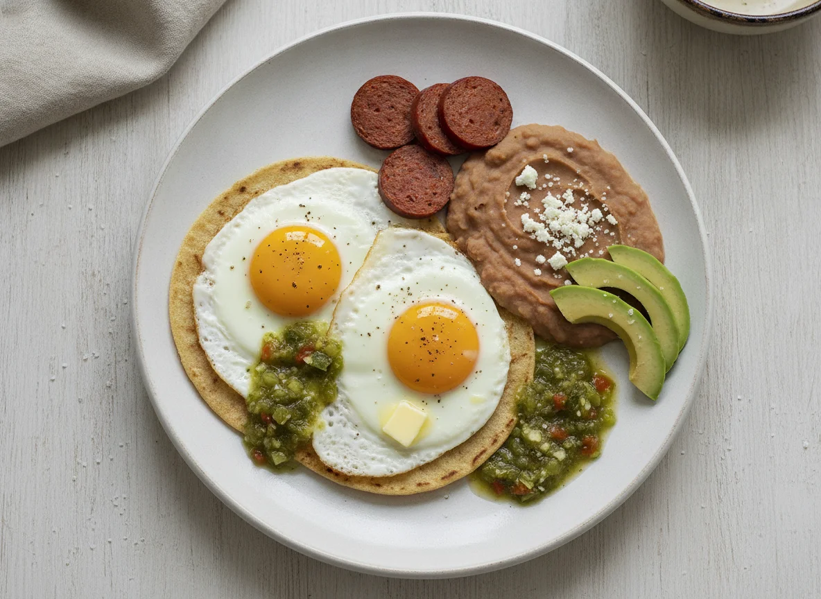 Huevos rancheros con salchicha y complementos photo