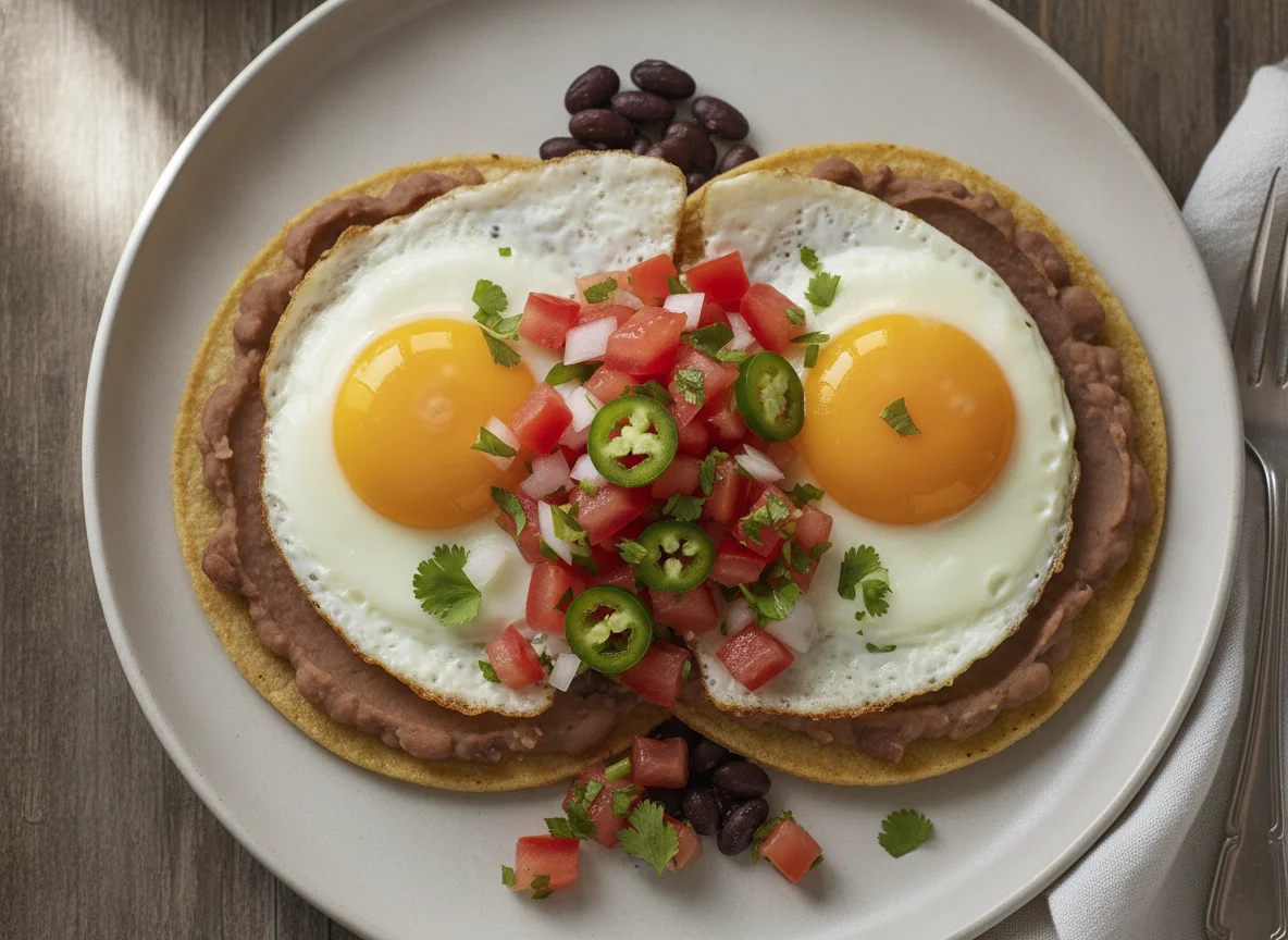 Huevos rancheros sobre tortilla con frijoles y pico de gallo photo