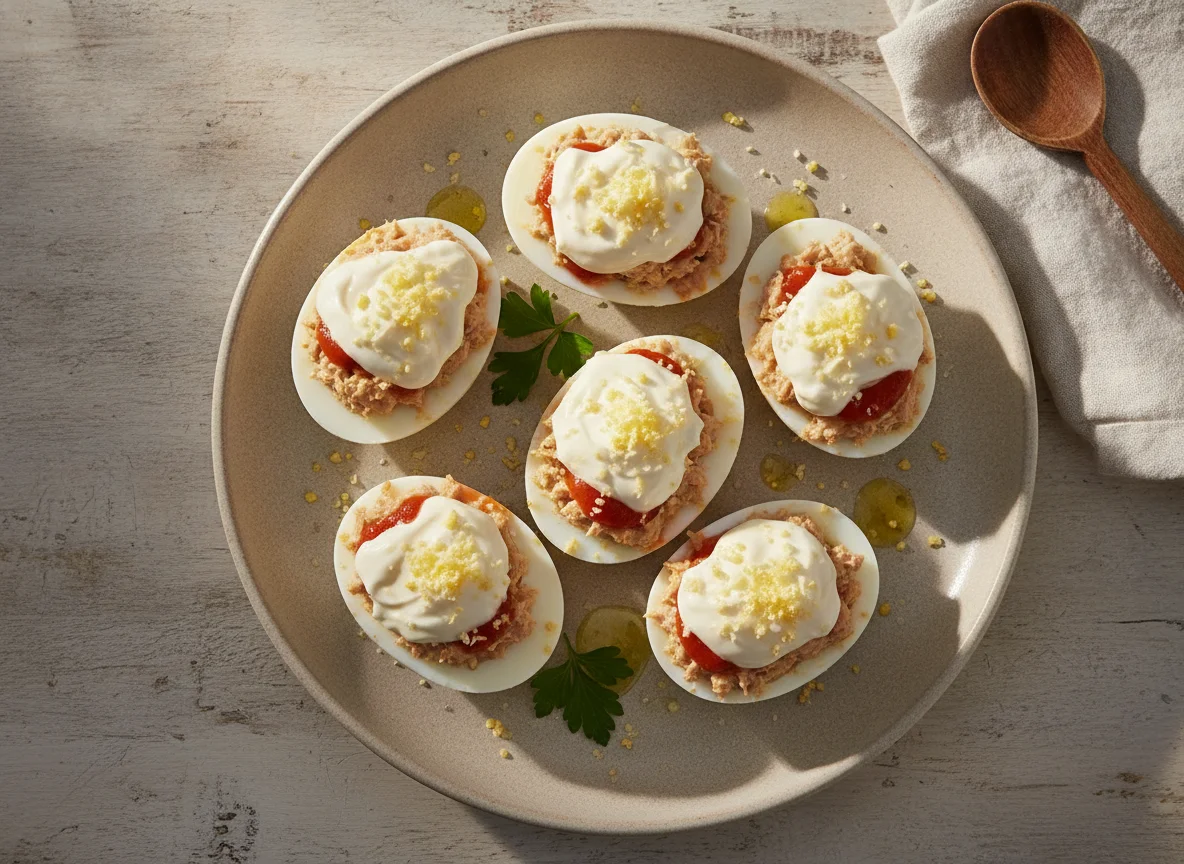 Huevos rellenos con mayonesa y tomate photo
