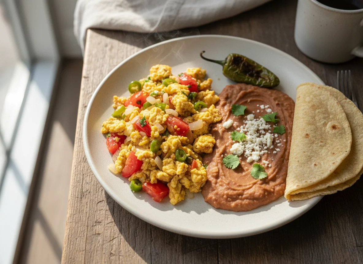 Huevos revueltos a la mexicana con frijoles refritos photo