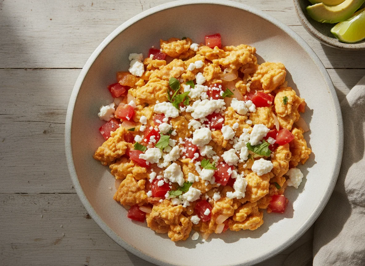Huevos revueltos a la mexicana con queso photo
