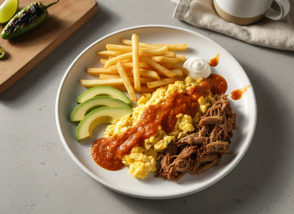 Huevos revueltos con aguacate, carne deshebrada y salsa photo