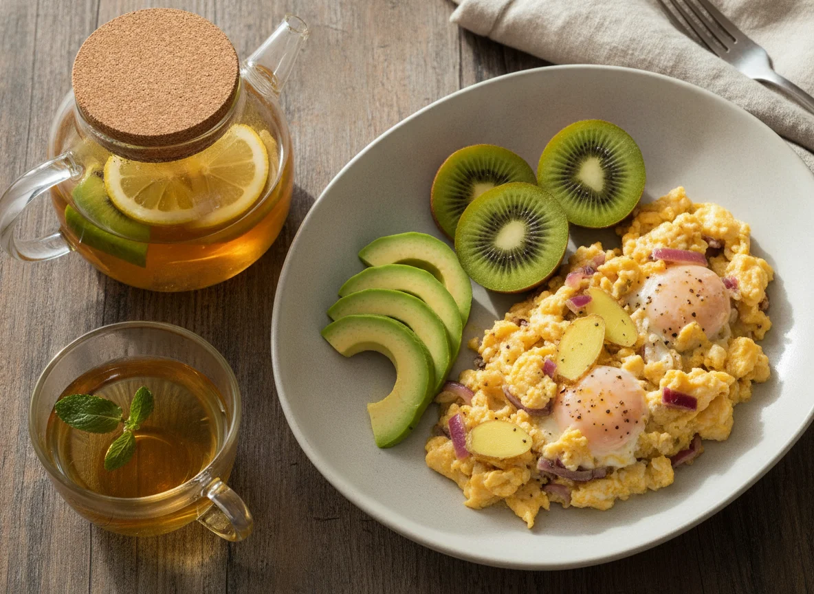Huevos revueltos con aguacate, kiwi e infusión photo