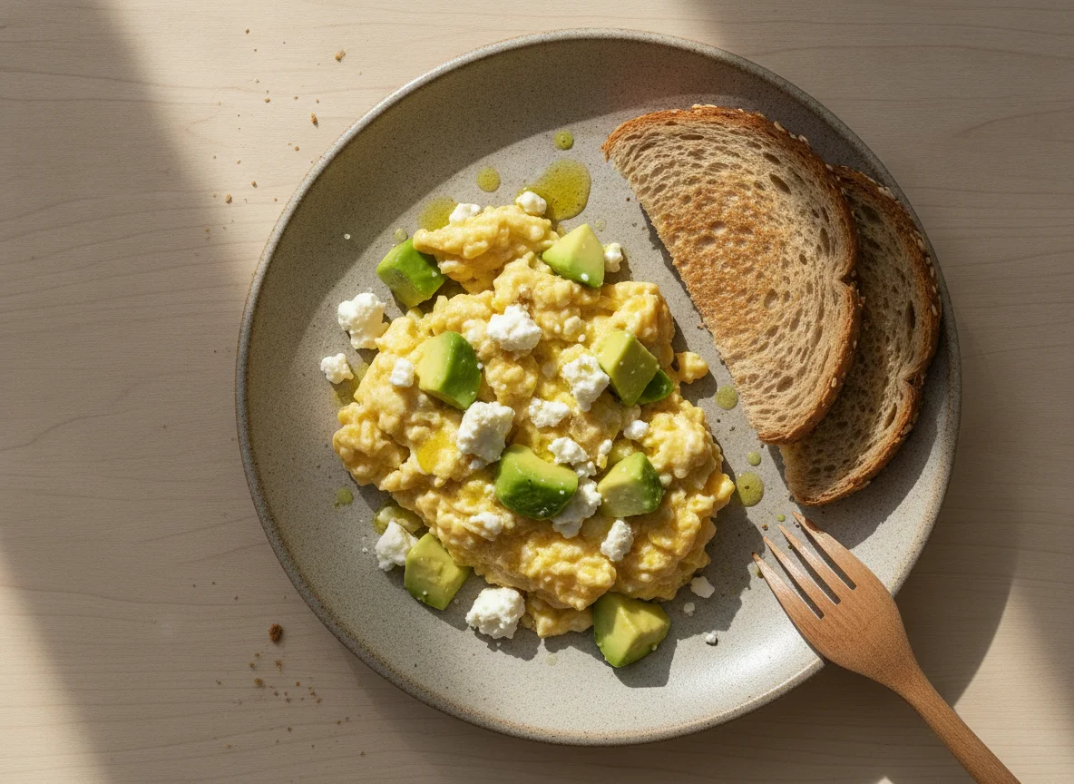 Huevos revueltos con aguacate, queso fresco y pan integral photo