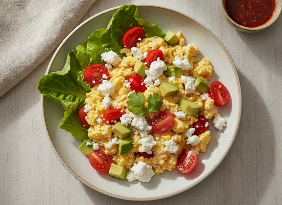 Huevos revueltos con aguacate, tomate y queso cottage photo