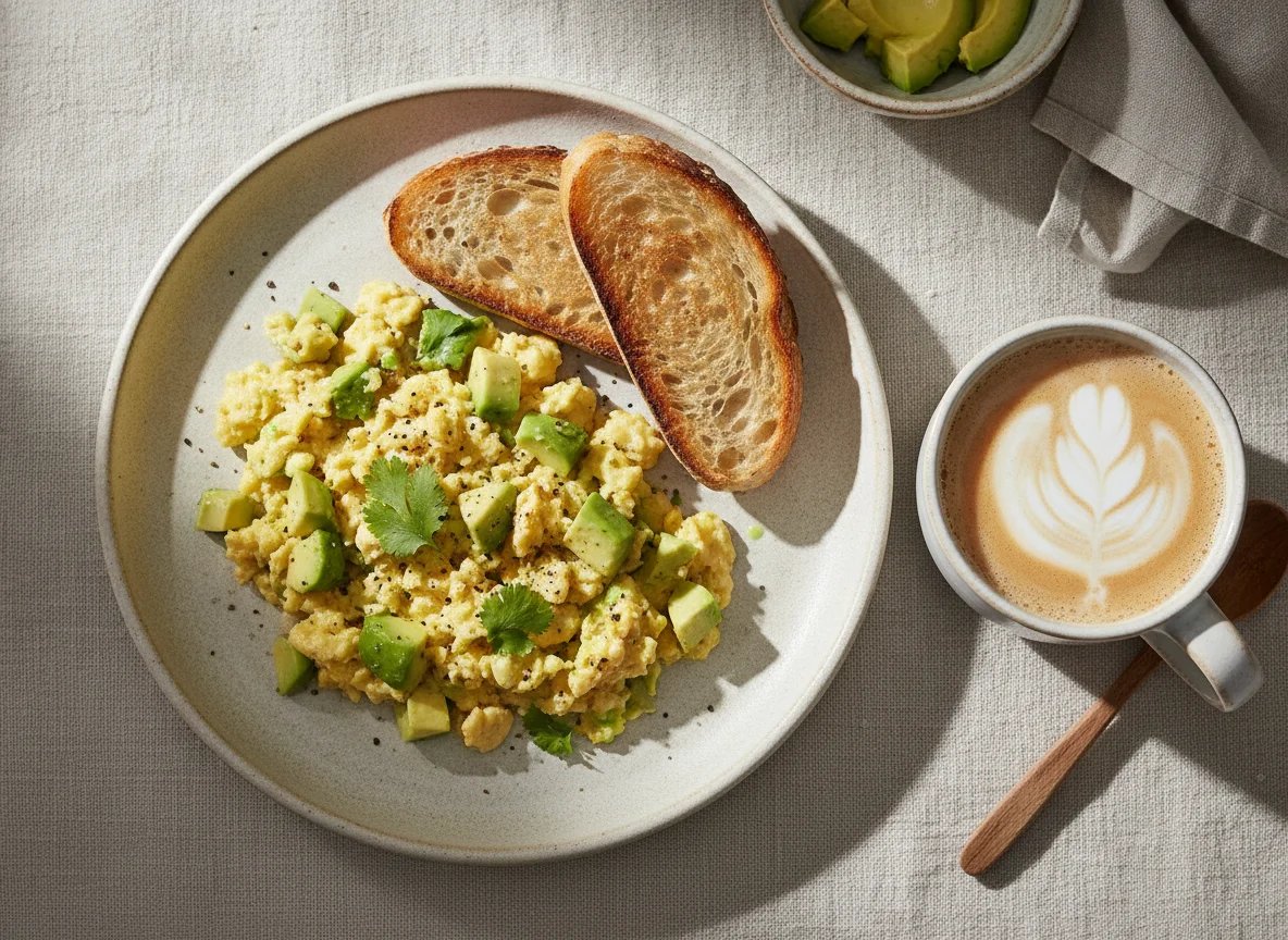 Huevos revueltos con aguacate y café con leche photo