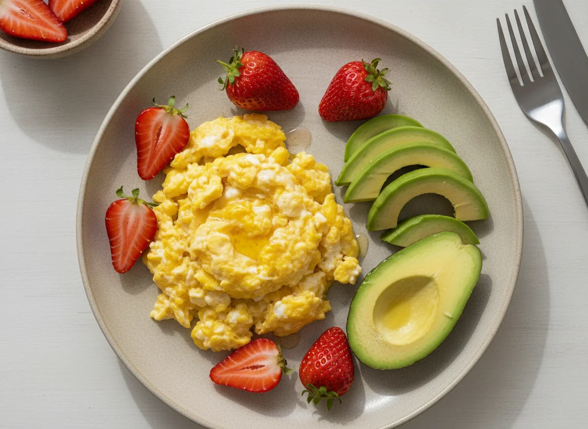 Huevos revueltos con aguacate y fresas photo