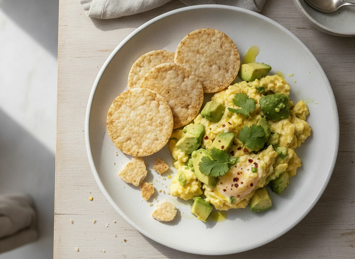 Huevos revueltos con aguacate y galletas de arroz photo