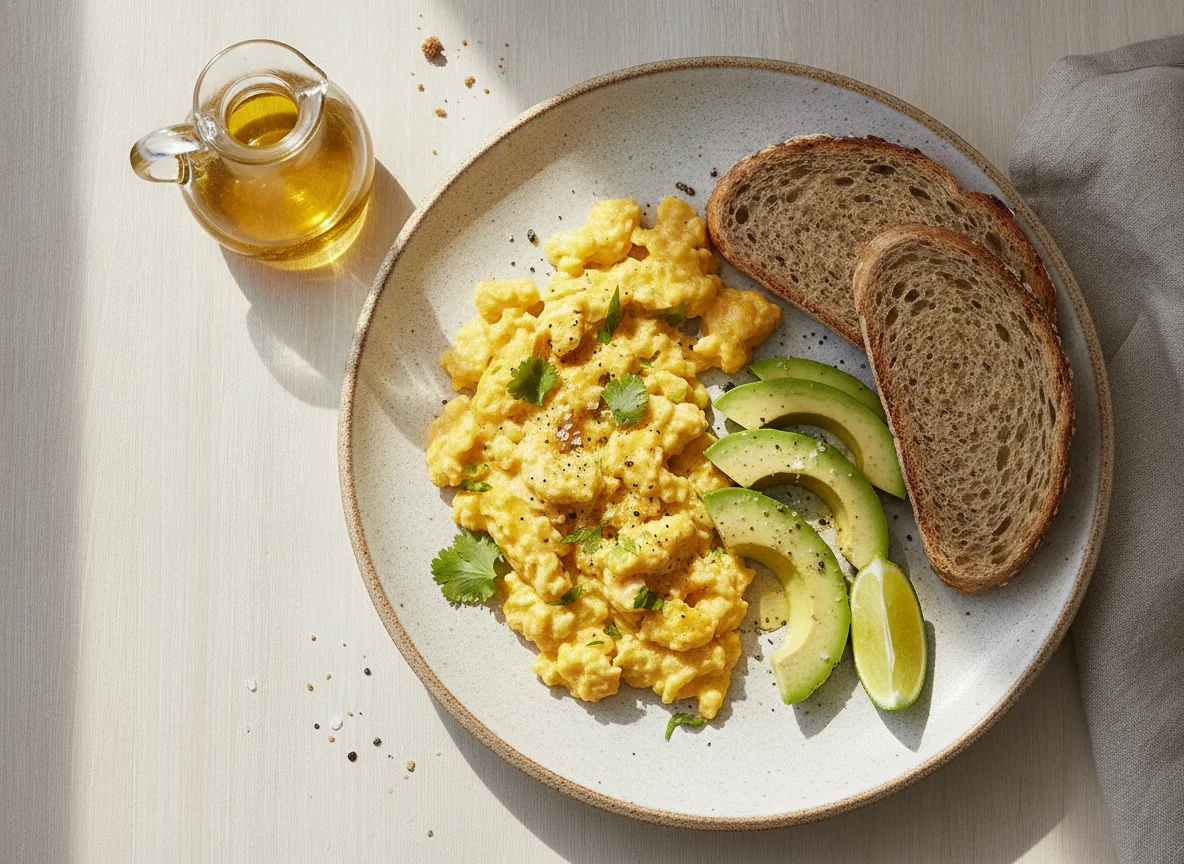 Huevos revueltos con aguacate y pan integral photo