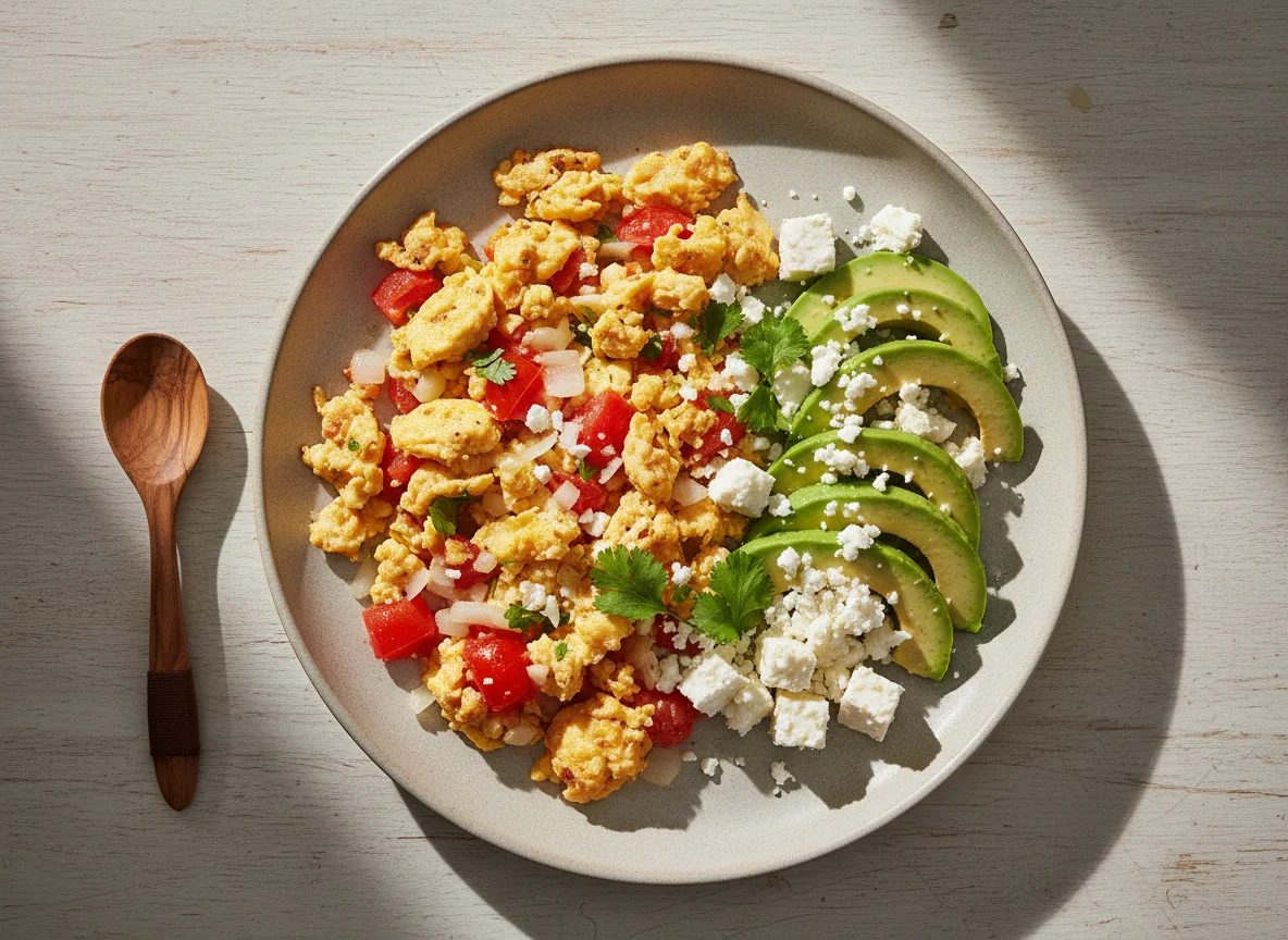 Huevos revueltos con aguacate y queso fresco photo