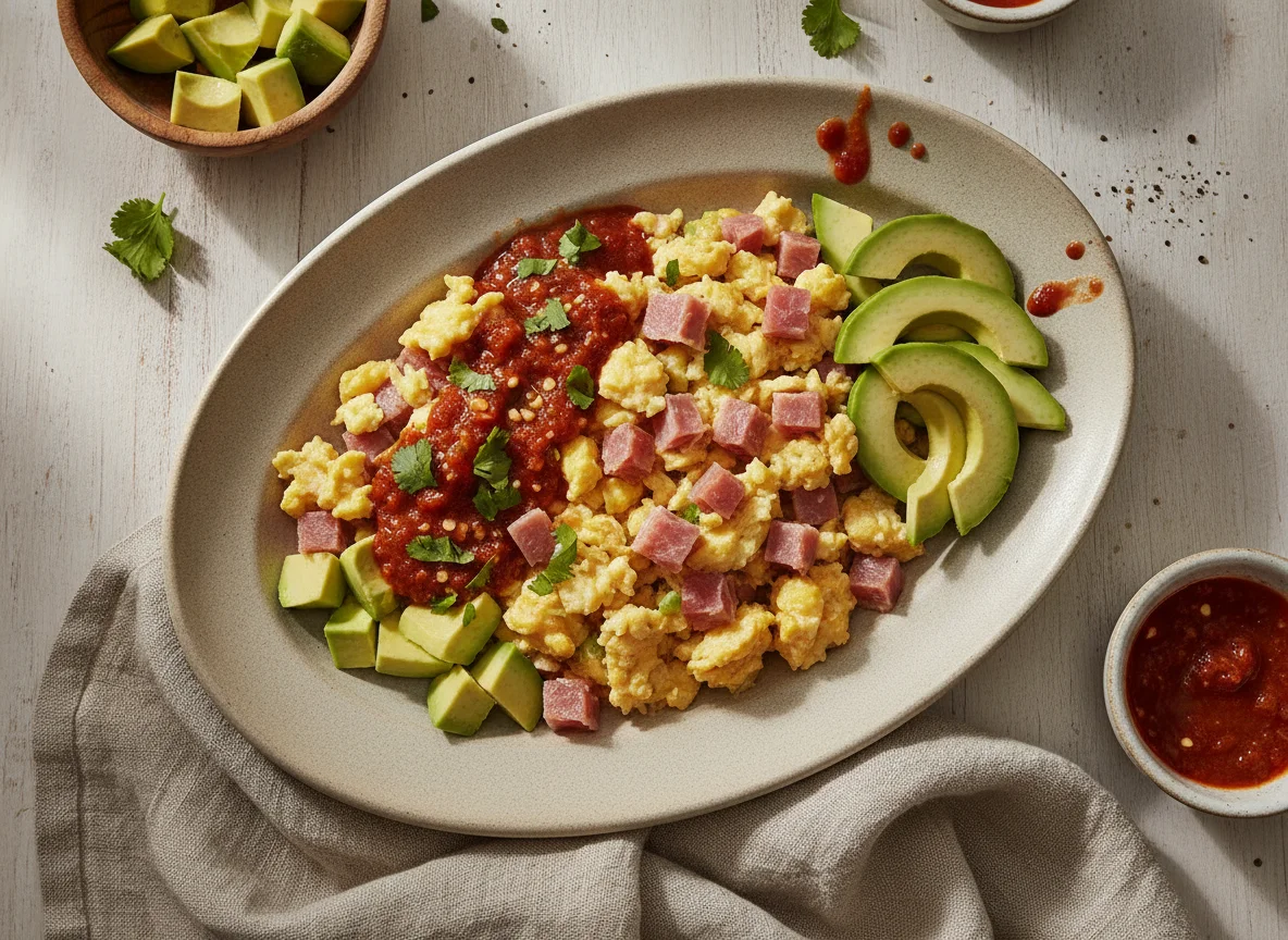 Huevos revueltos con aguacate y salsa photo