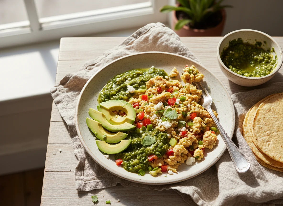 Huevos revueltos con aguacate y salsa verde photo