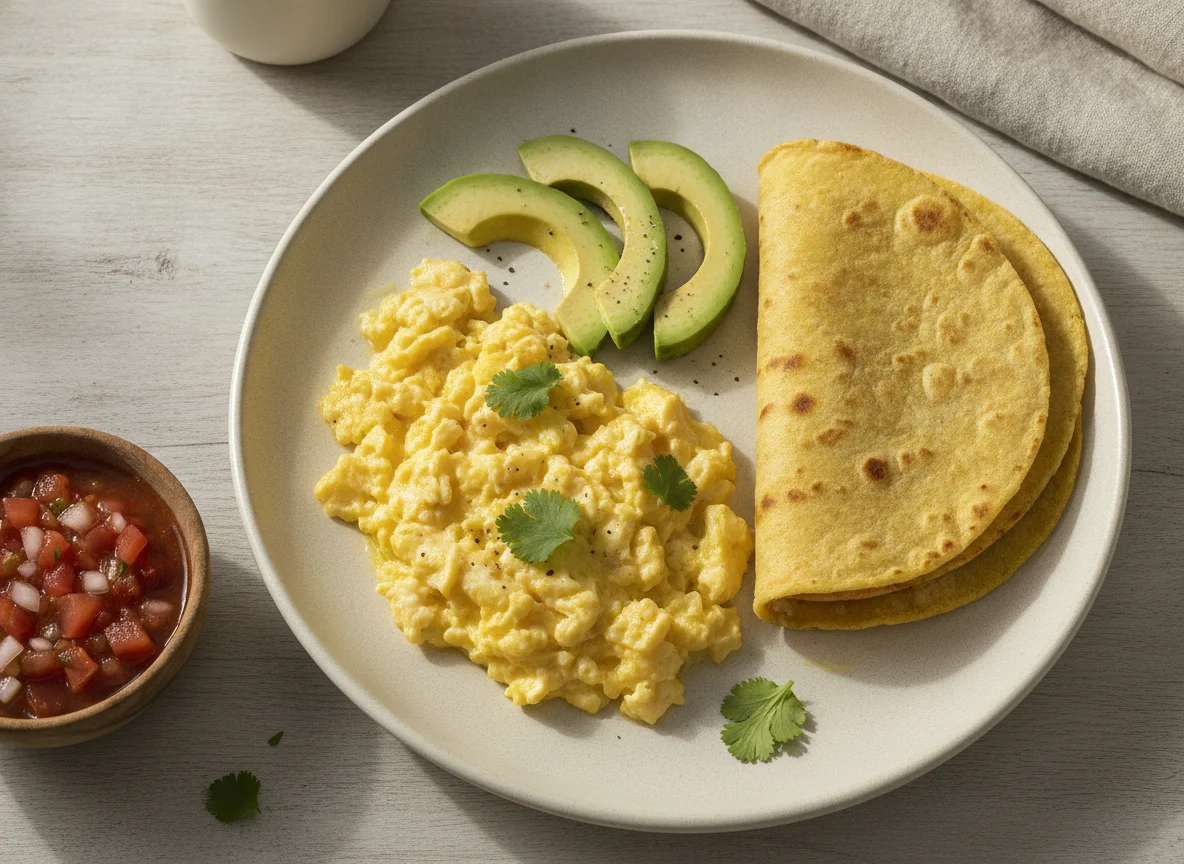 Huevos revueltos con aguacate y tortilla photo
