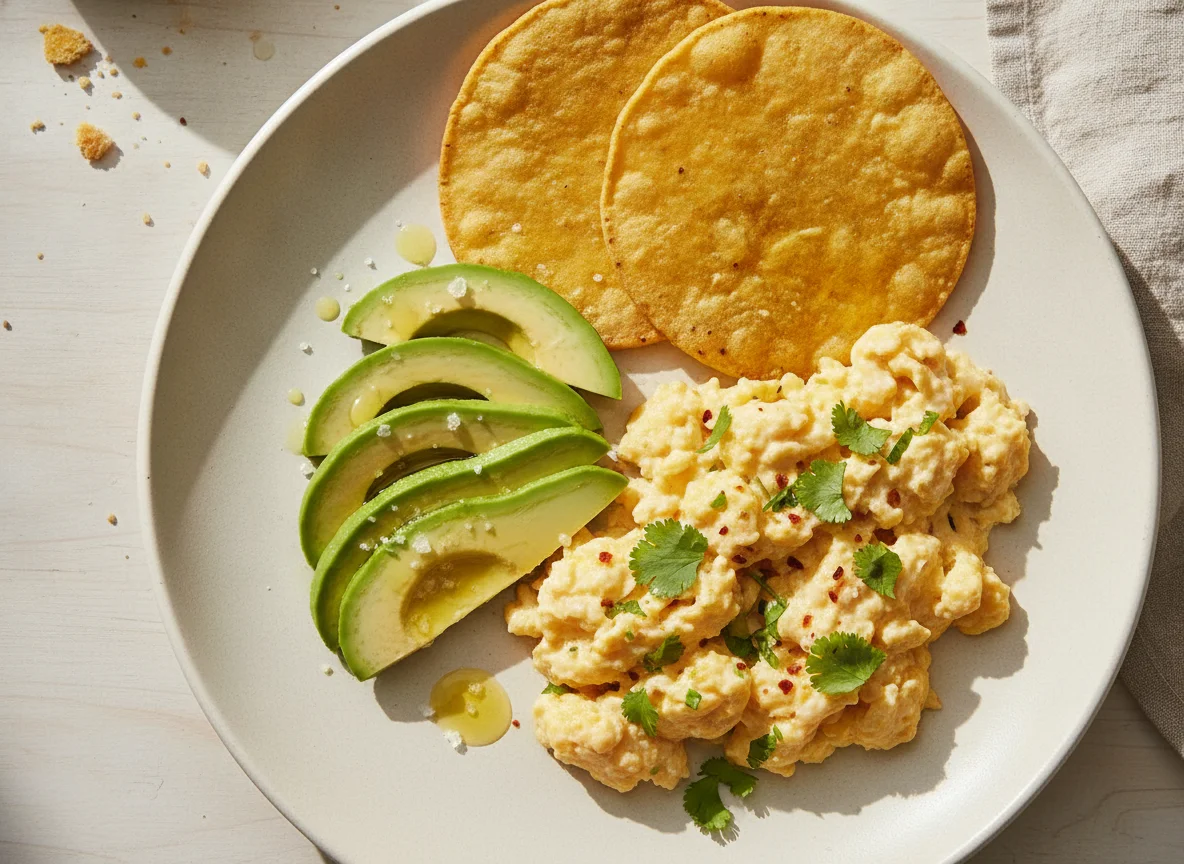 Huevos revueltos con aguacate y tostada photo
