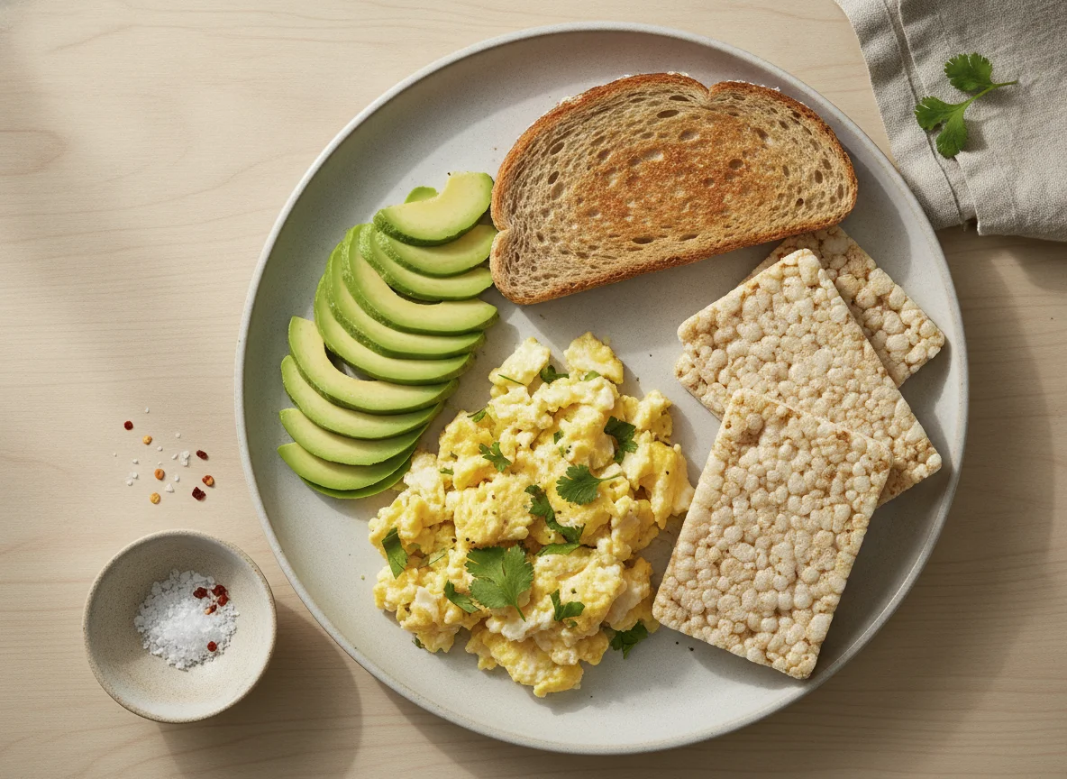 Huevos revueltos con aguacate y tostadas photo