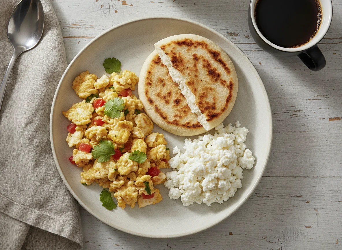 Huevos revueltos con arepa y queso cottage photo