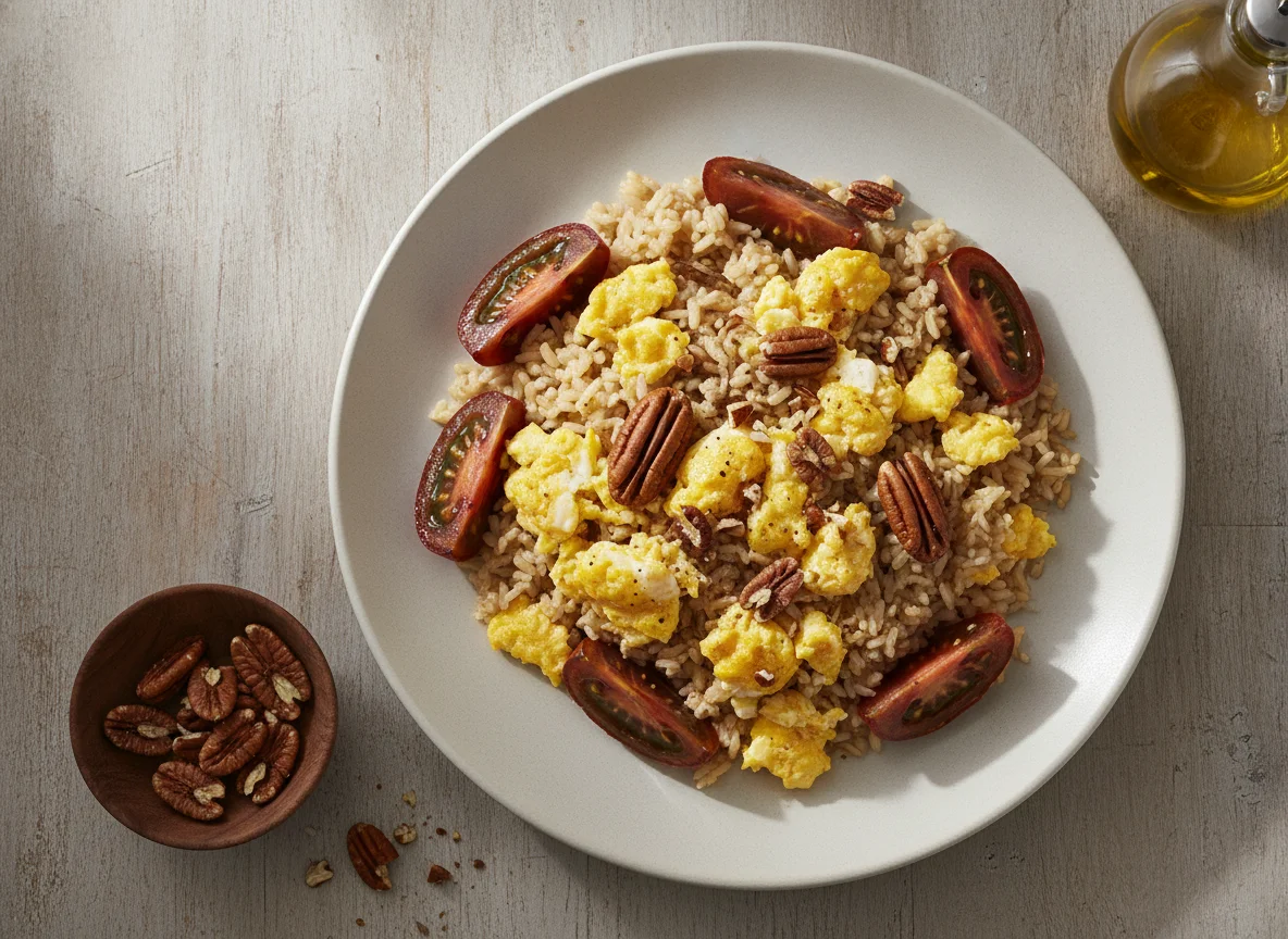 Huevos revueltos con arroz integral, tomate y nueces pecanas photo