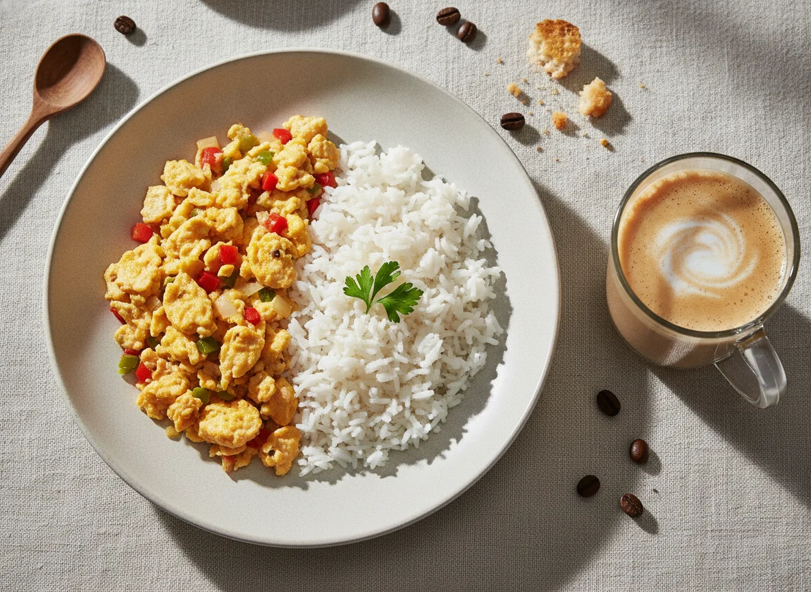 Huevos revueltos con arroz y café con leche photo