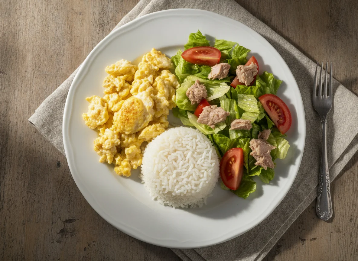 Huevos revueltos con arroz y ensalada de atún photo