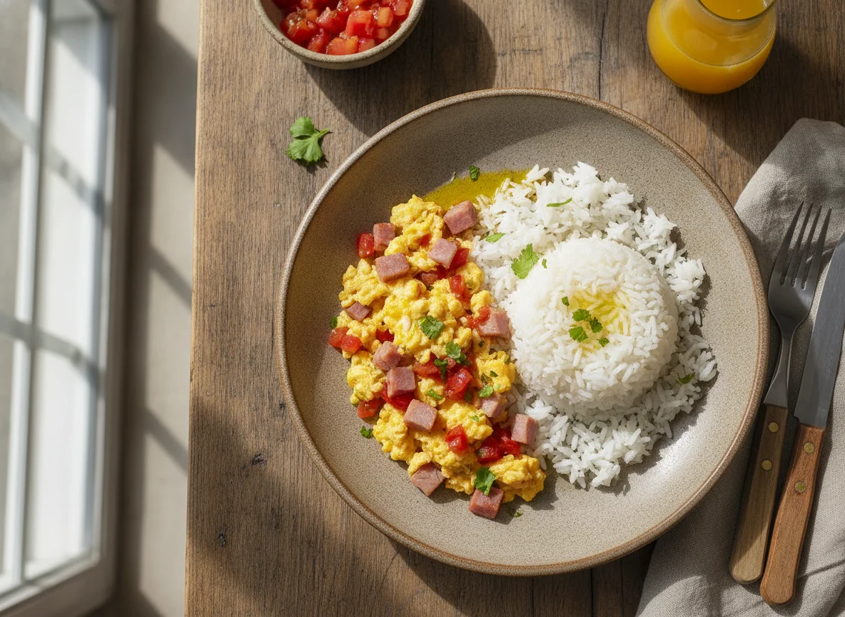 Huevos revueltos con arroz y jamón photo