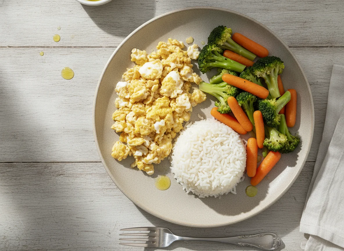 Huevos revueltos con arroz y verduras al vapor photo