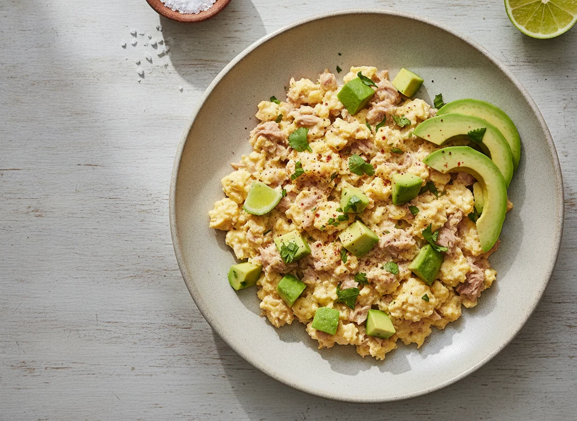 Huevos revueltos con atún y aguacate photo