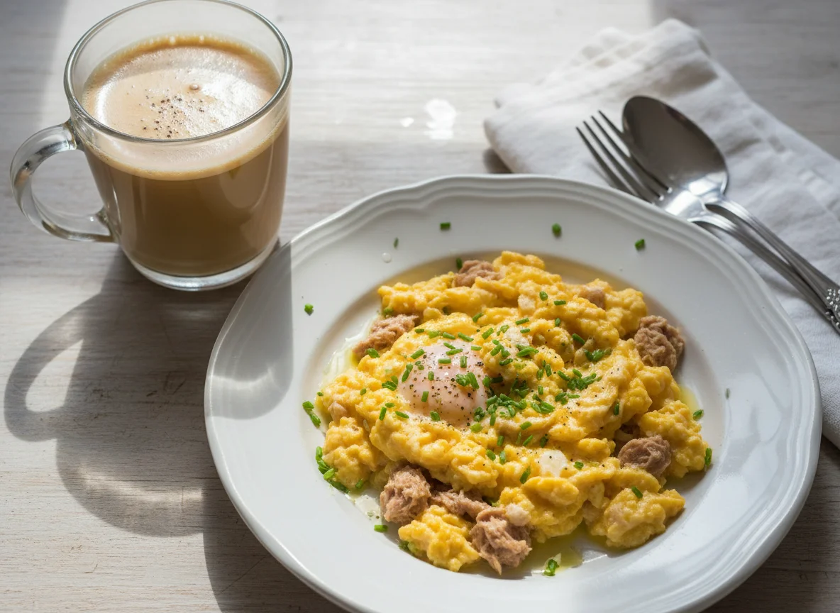 Huevos revueltos con atún y café con leche photo