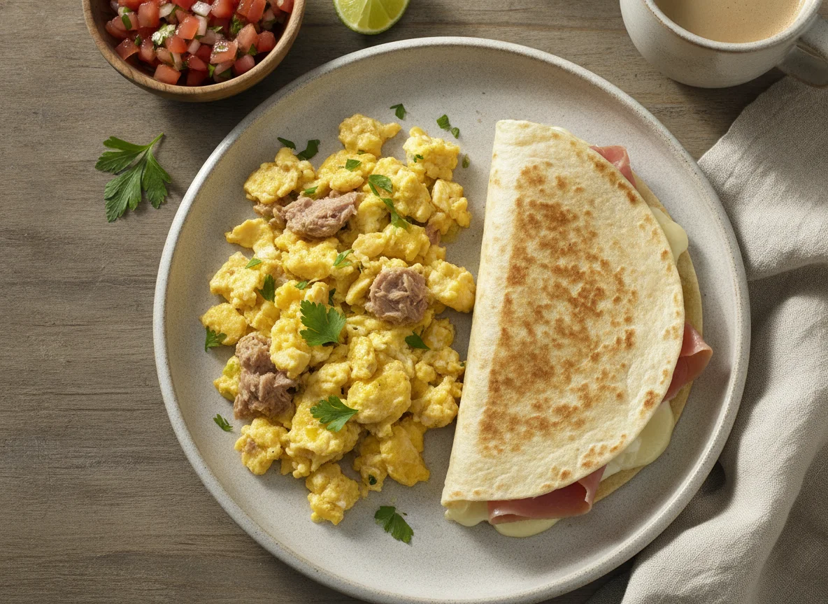 Huevos revueltos con atún y quesadilla de jamón photo