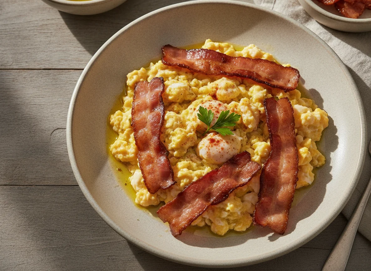 Huevos revueltos con bacon photo