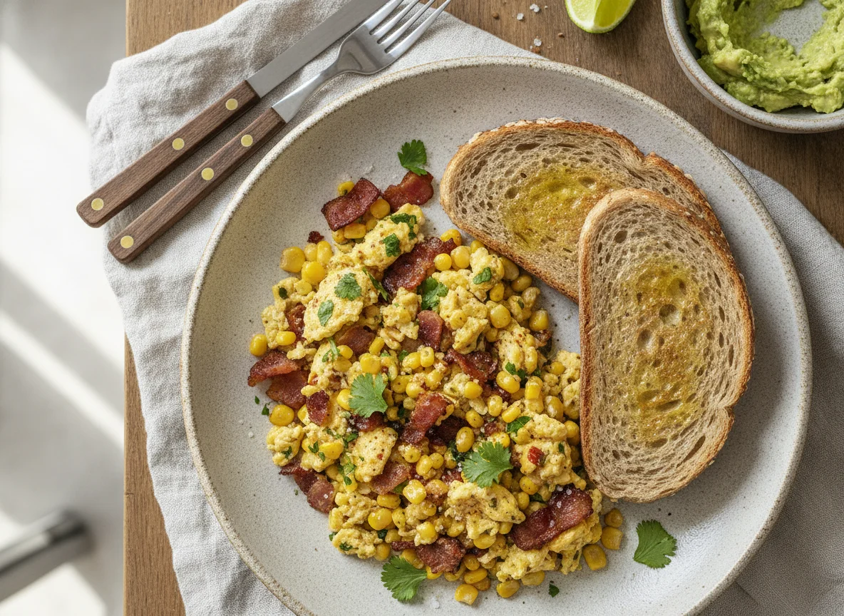 Huevos revueltos con beicon y maíz con pan integral photo