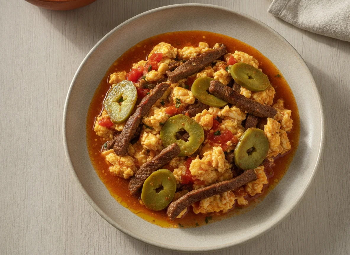 Huevos revueltos con bistec en salsa roja y nopales photo