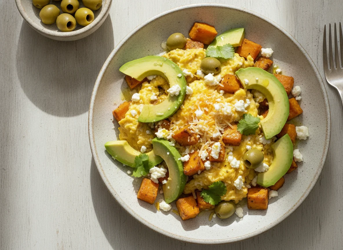 Huevos revueltos con boniato, aguacate y aceitunas photo