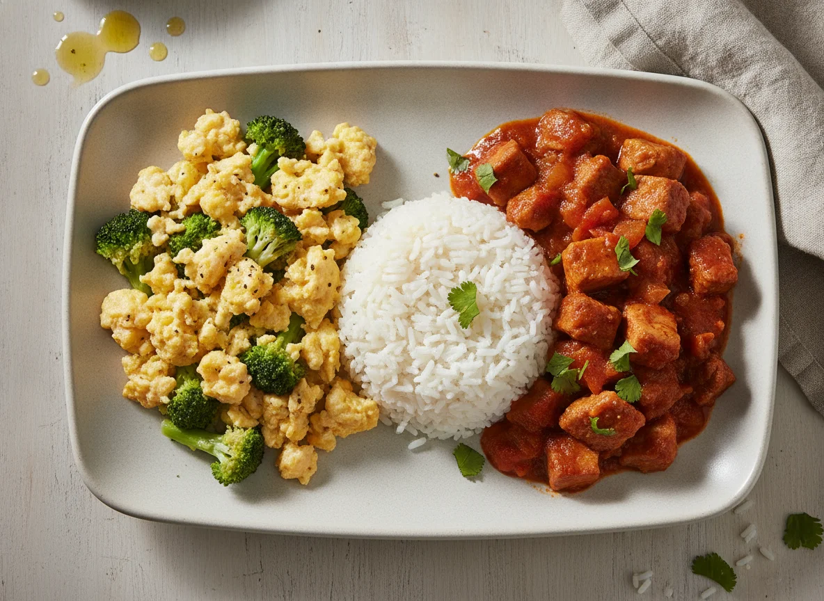Huevos revueltos con brócoli, arroz blanco y carne de cerdo en salsa photo