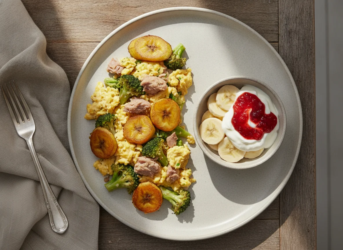 Huevos revueltos con brócoli, atún, plátano maduro y postre de banano photo